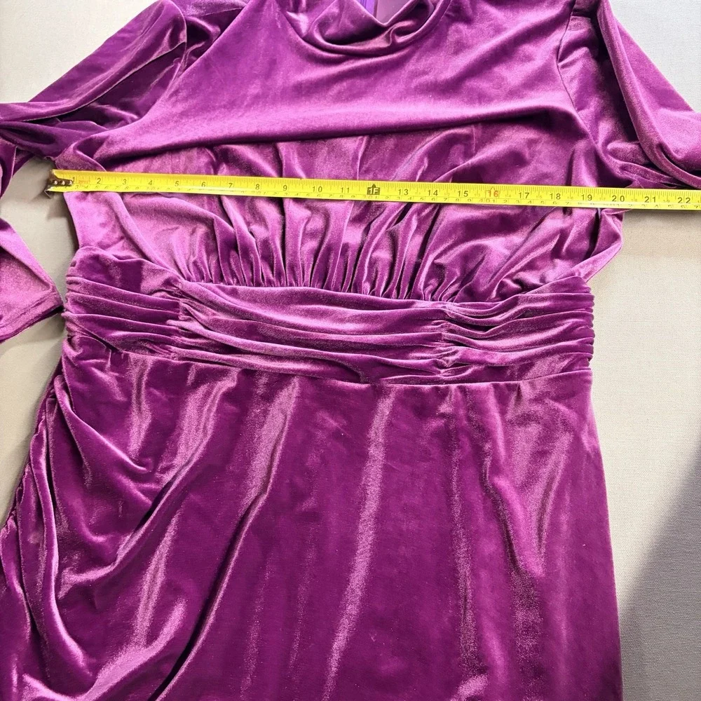 London Times Woman 14W Purple Velvet Mock Neck Ruched Tulip Dress NWT T6429W
